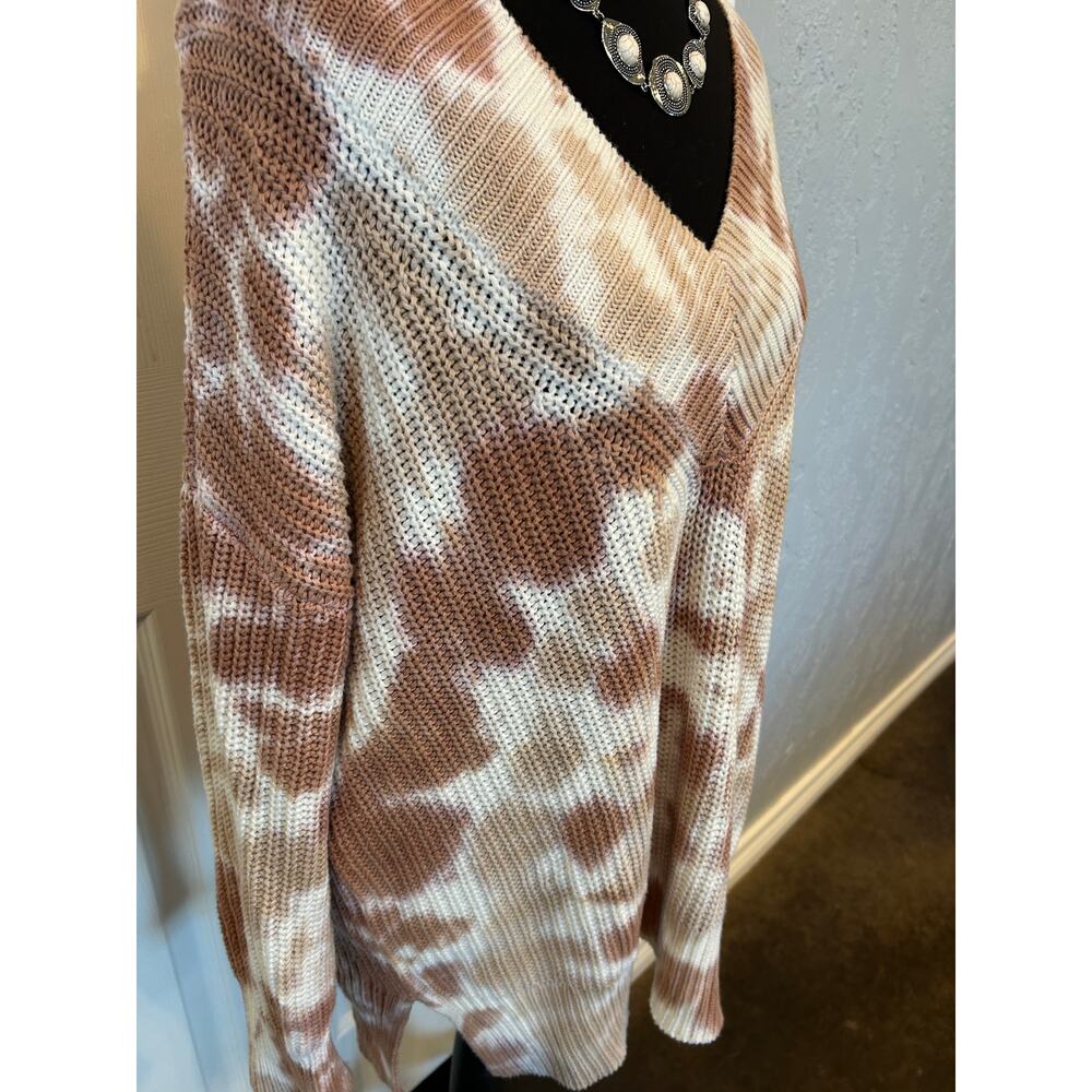 Aerie Womens XS Oversized Chunky Knit V-Neck Tie Dye Sweater Brown Cream Slouchy - Picture 6 of 8
